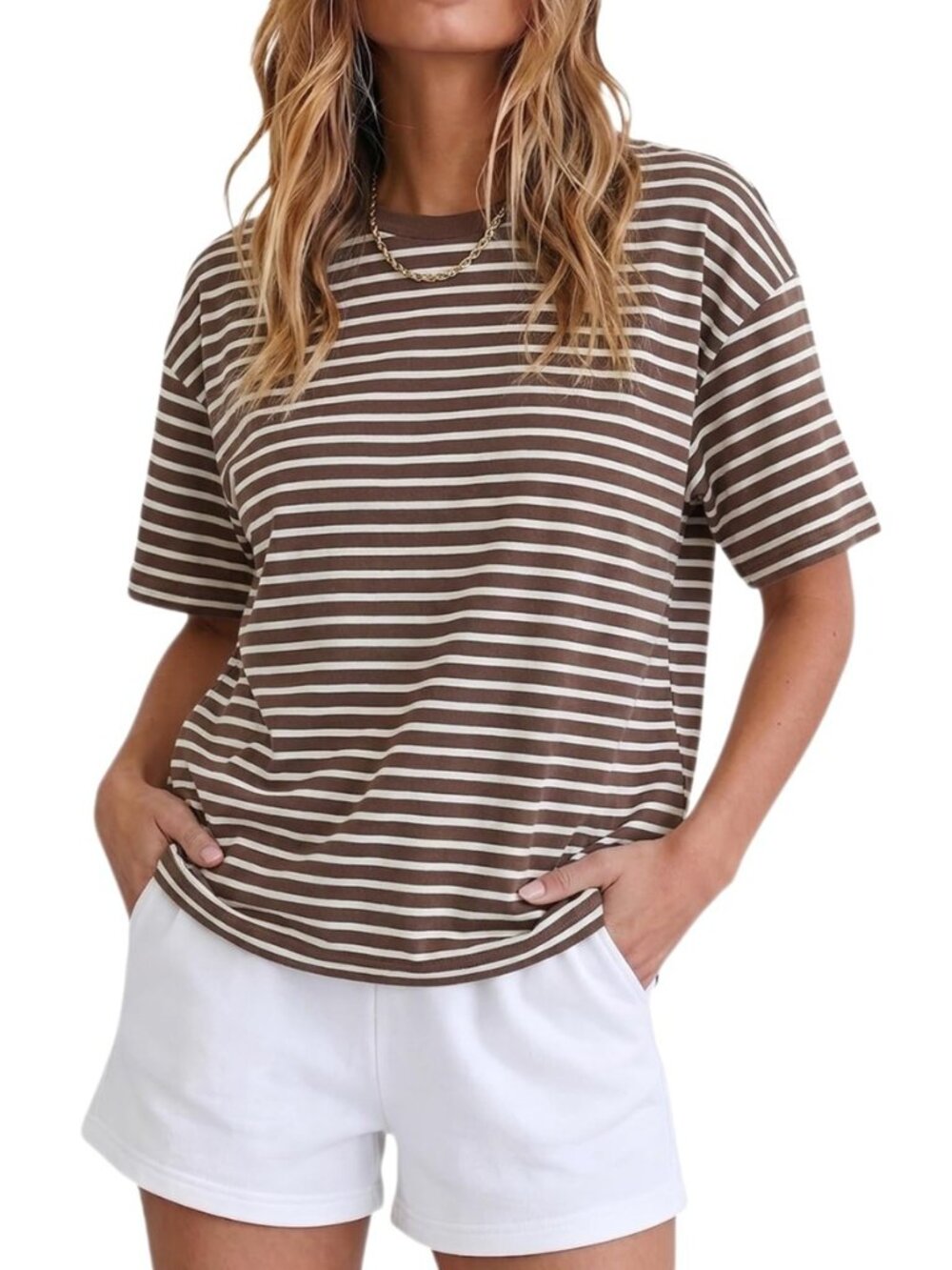 Women's Vintage Boxy Cropped Tee Short Sleeve Striped T Shirt Loose Fit Tops